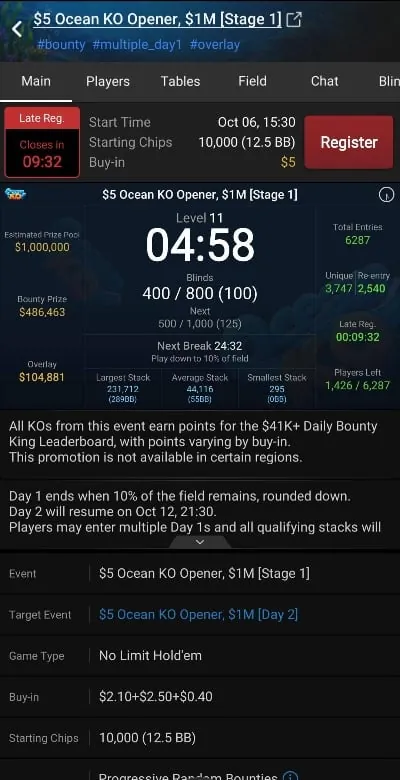 Lobby turnieju 5 USD Ocean KO Opener w mobilnej aplikacji GGPoker