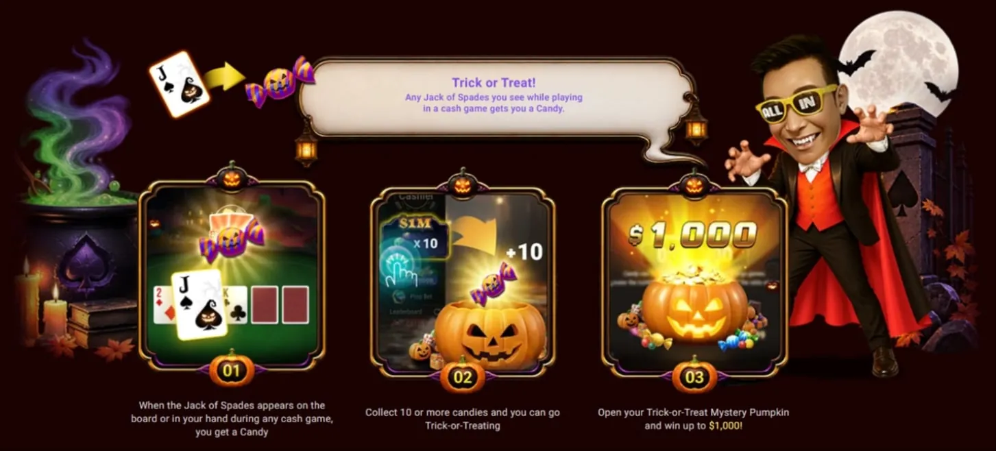 Trzy kroki promocji Halloween Party w GGPoker: walet pik, cukierki i dynia z nagrodą do 1000 USD